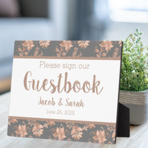 Rose Gold Floral on Grey Guestbook Table Plaque