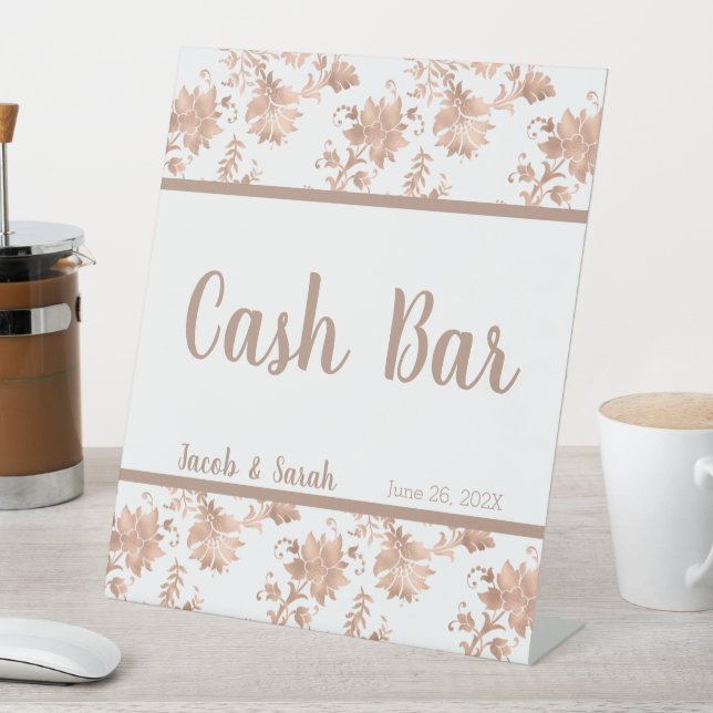 Rose Gold Floral on White  Cash Bar Pedestal Sign (In SItu)