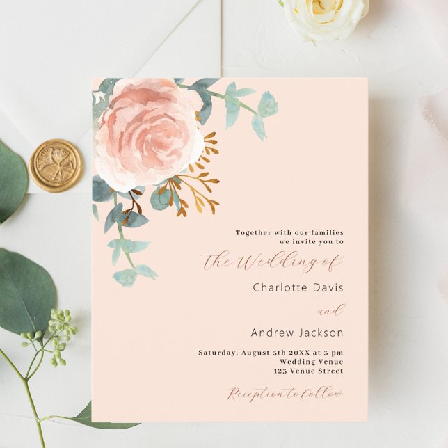 Rose gold floral peach budget wedding invitation (Creator Uploaded)