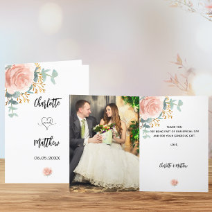 Rose gold floral photo wedding thank you card