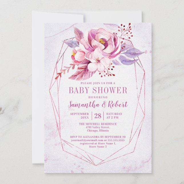 Rose Gold Floral Pink Purple Baby Girl Baby Shower Invitation (Front)