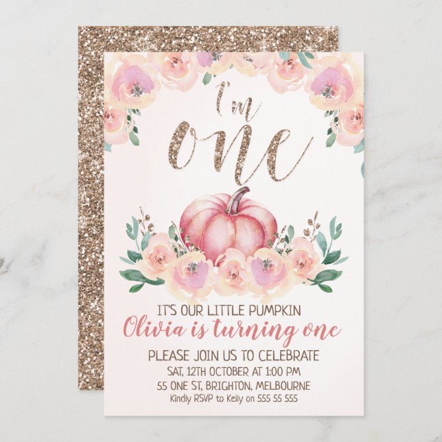 Rose Gold Floral Pumpkin 1st Birthday Invitation (Front/Back)