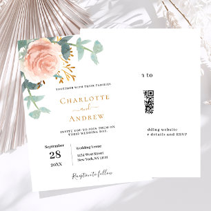 Rose gold floral QR RSVP budget wedding invitation