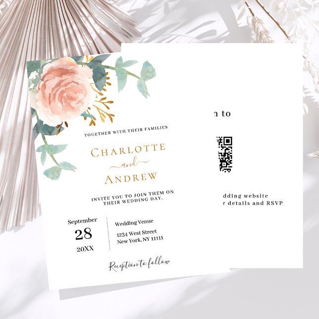 Rose gold floral QR RSVP budget wedding invitation (Creator Uploaded)