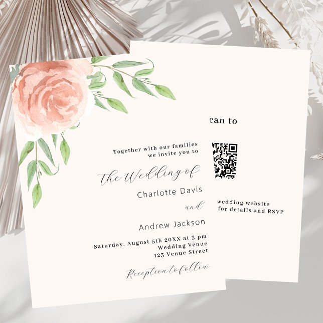 Rose gold floral QR RSVP wedding invitation (Creator Uploaded)
