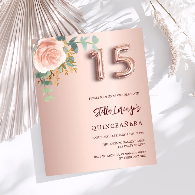 Rose gold floral Quinceanera invitation (Creator Uploaded)