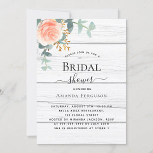 Rose gold floral rustic white wood Bridal Shower Invitation