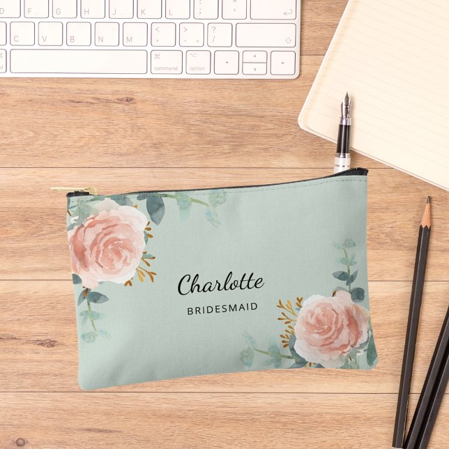Rose gold floral sage green bridesmaid accessory pouch (Creator Uploaded)