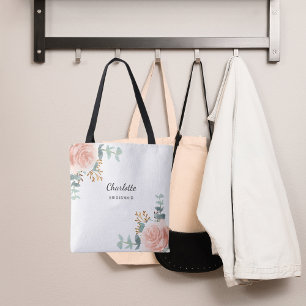 Rose gold floral sage green bridesmaid tote bag