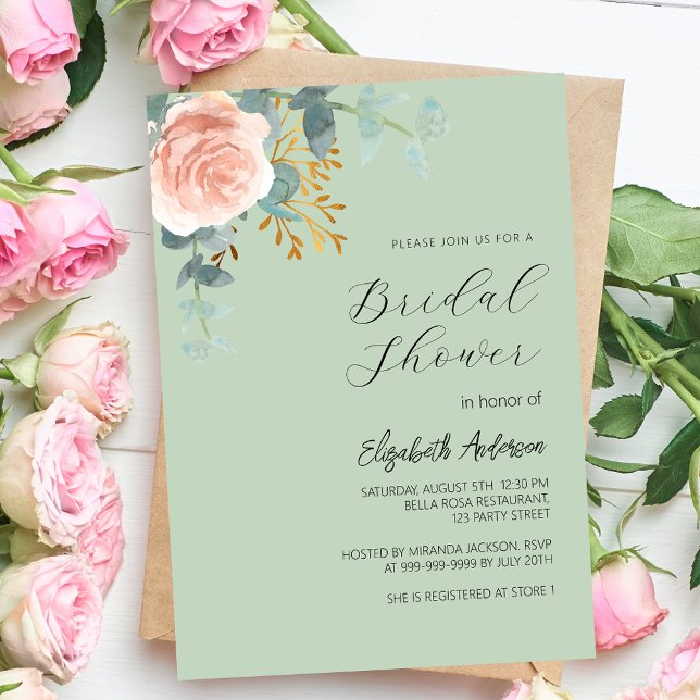 Rose gold floral sage green luxury Bridal Shower Invitation (Creator Uploaded)