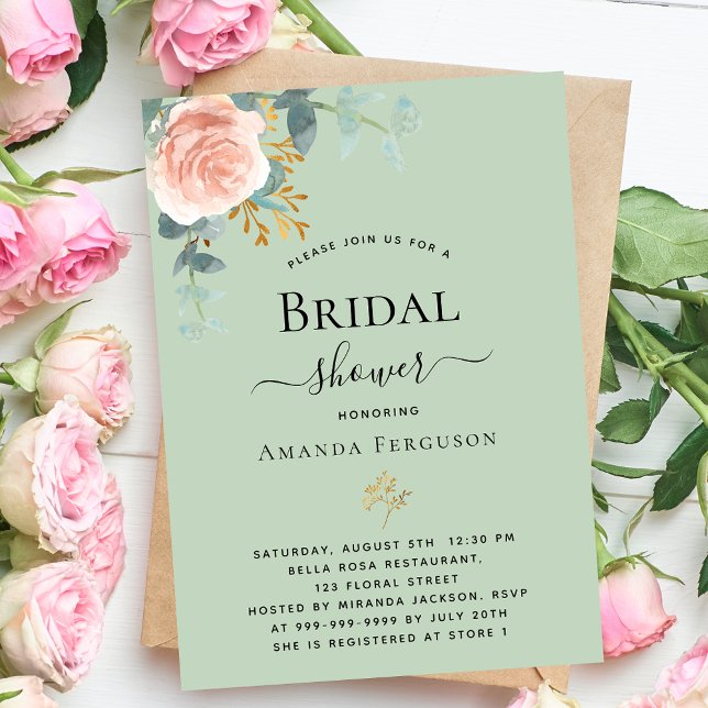 Rose gold floral sage green luxury Bridal Shower Invitation (Creator Uploaded)