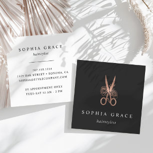 Rose Gold Floral Scissors Logo Hairstylist Square Business Card