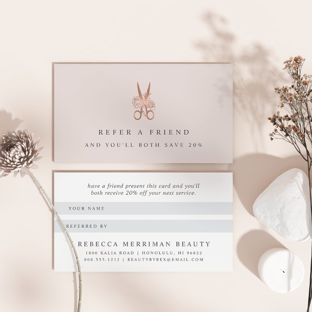 Rose Gold Floral Scissors Logo | Salon Referral Card (Creator Uploaded)
