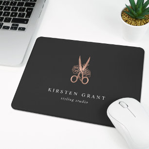 Rose Gold Floral Scissors Salon Logo Mouse Pad