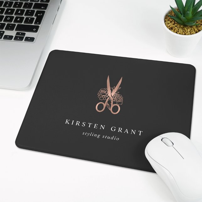 Rose Gold Floral Scissors Salon Logo Mouse Pad (Creator Uploaded)