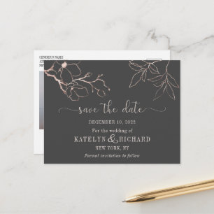 Rose gold floral silhouette Save the Date Postcard