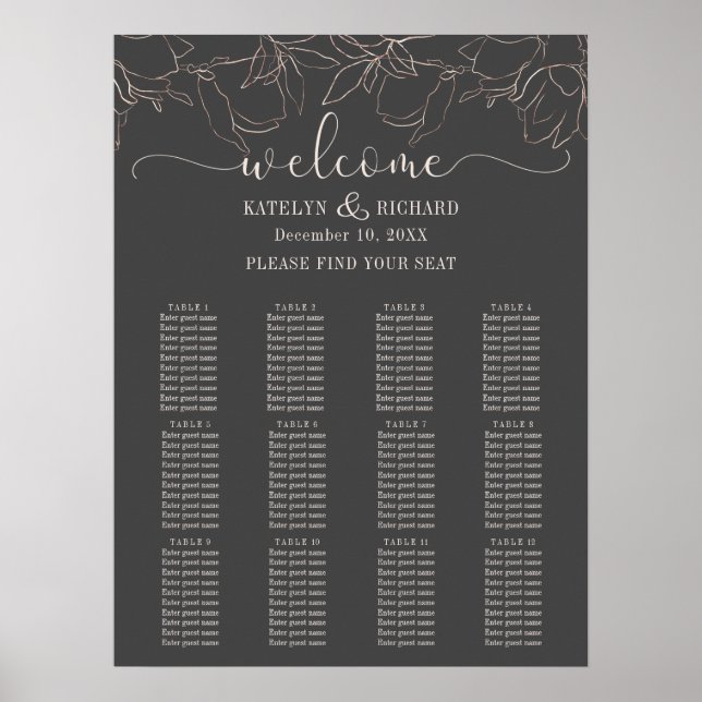 Rose gold floral silhouette Seating Chart (Front)