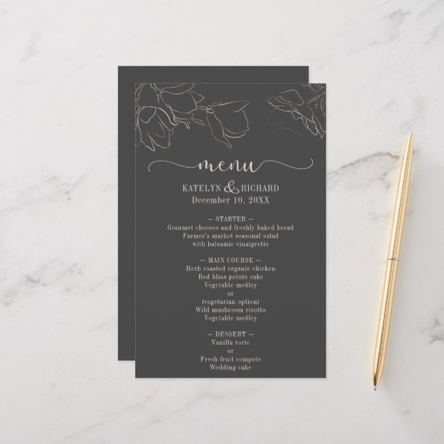 Rose gold floral silhouette Wedding Reception Menu (Front/Back In Situ)