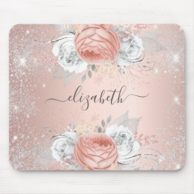 Rose gold floral silver glitter monogram name mouse pad (Front)