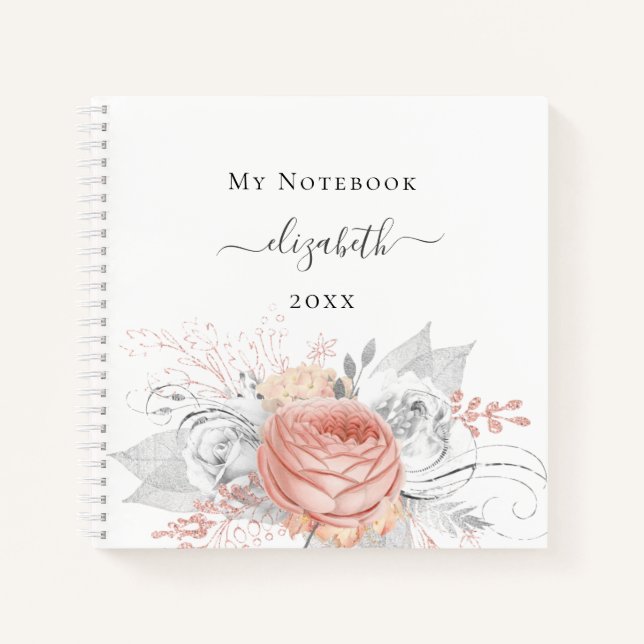 Rose gold floral silver white custom name notebook (Front)