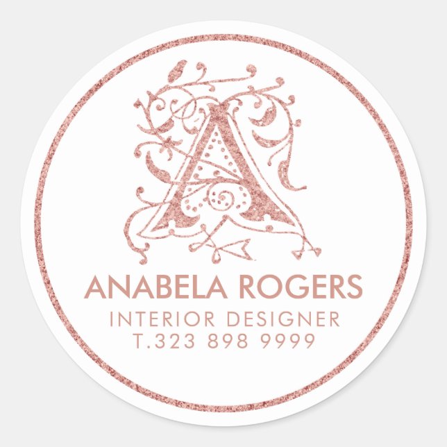 Rose-Gold Floral Swirls Sample Monogram Classic Round Sticker (Front)