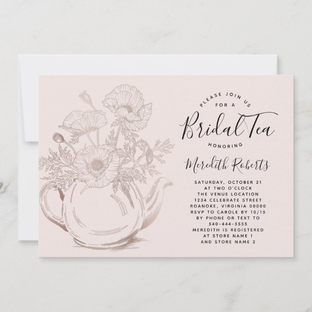 Rose Gold Floral Teapot Blush Pink Bridal Tea Invitation (Front)