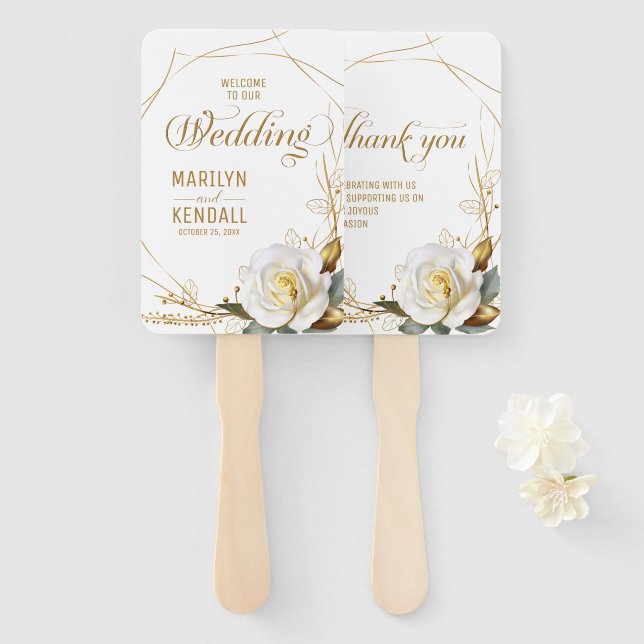 Rose Gold Floral Wedding Hand Fan (Front and Back)