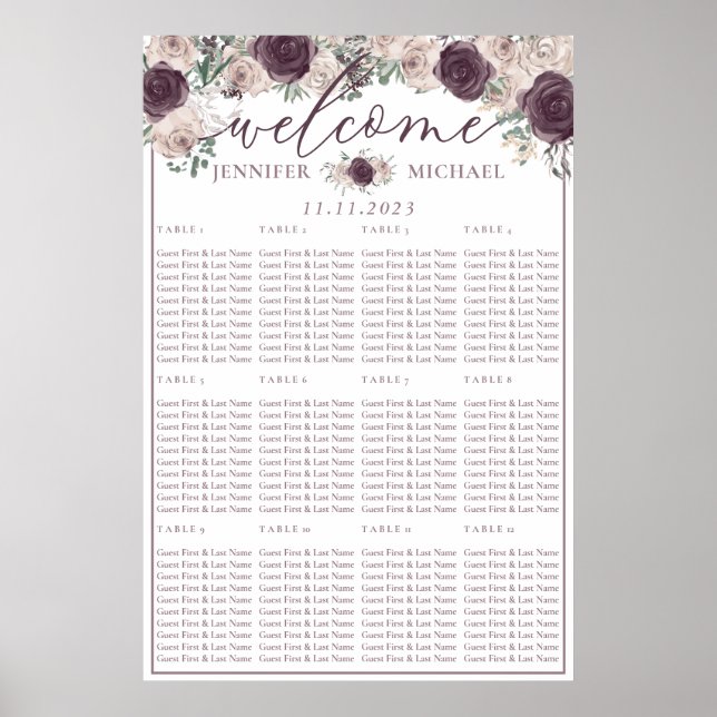 Rose gold Floral Wedding Seating List Table Number Poster (Front)