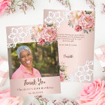 Rose gold floral white lace birthday photo thank you card<br><div class="desc">A modern birthday Thank You photo card.  A rose gold gradient background decorated with pink roses,  flowers and lace.  Personalise and add your photo on the front and thank you note on the back.</div>