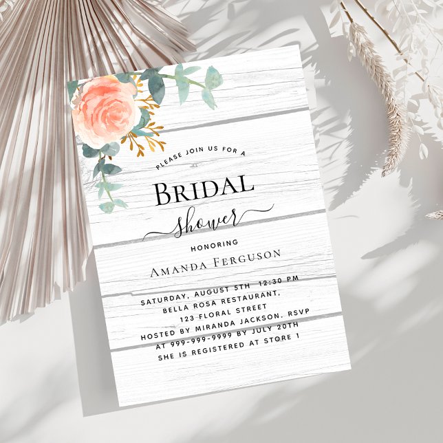 Rose gold floral white wood luxury Bridal Shower Invitation (Creator Uploaded)