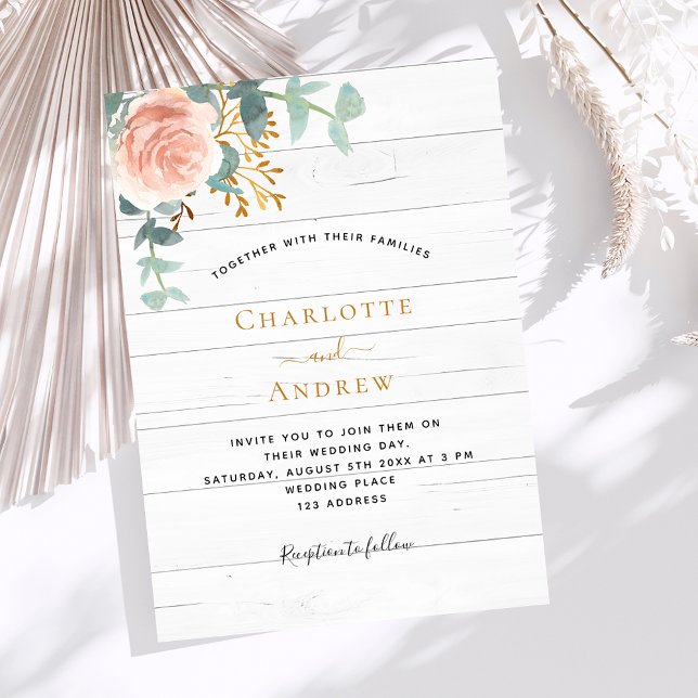 Rose gold floral white wood luxury wedding invitation (Creator Uploaded)