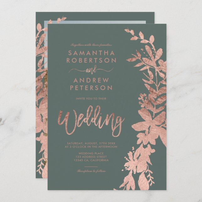 Rose gold floral wreath chic eucalyptus wedding invitation (Front/Back)