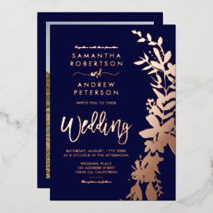 Rose gold floral wreath chic navy blue wedding