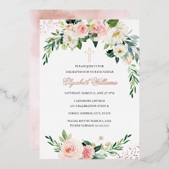 Rose Gold Floral Wreath Cross Girl Baptism  (Front/Back)