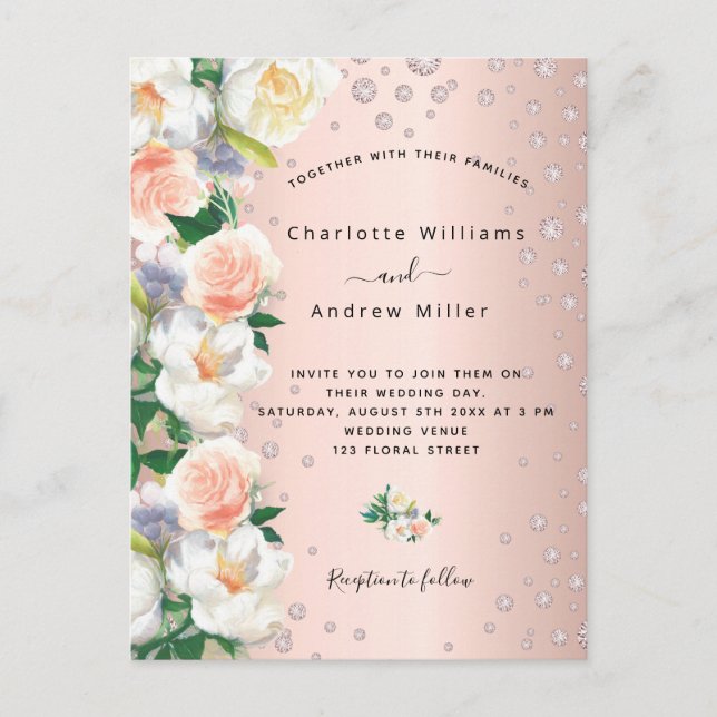 Rose gold florals blush wedding invitation postcard (Front)