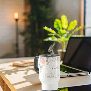 Rose gold florals eucalyptus gold glitter name travel mug