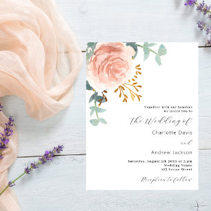 Rose gold florals eucalyptus greenery wedding invitation postcard