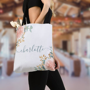 Rose gold florals eucalyptus monogram bridesmaid tote bag