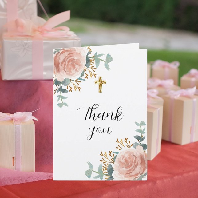 Rose gold florals eucalyptus photo First Communion Thank You Card (Creator Uploaded)