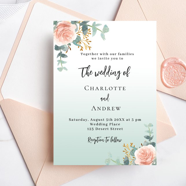 Rose gold florals green wedding invitation (Creator Uploaded)