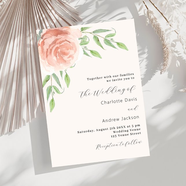 Rose gold florals greenery beige wedding invitation (Creator Uploaded)