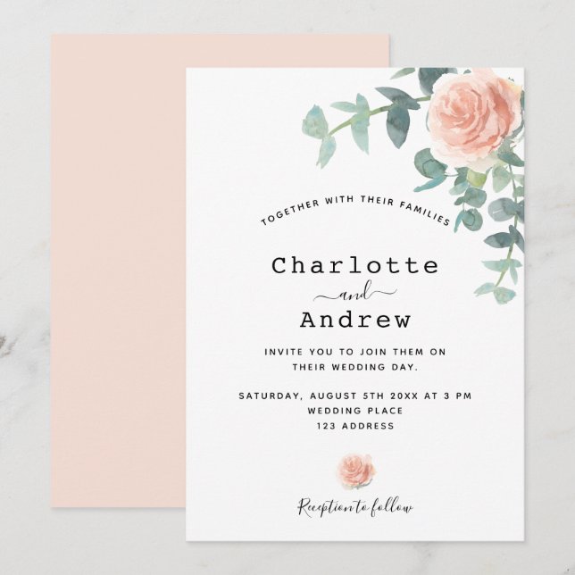 Rose gold florals greenery elegant wedding invitation (Front/Back)