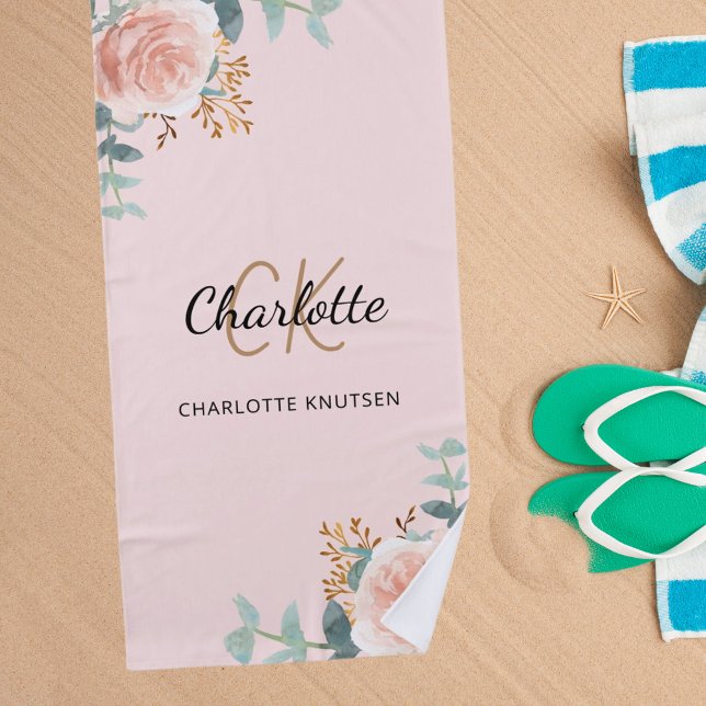 Rose gold florals greenery monogram initials beach towel (Creator Uploaded)