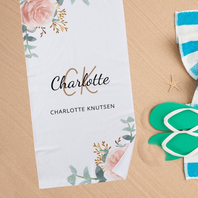 Rose gold florals greenery monogram initials beach towel (Creator Uploaded)