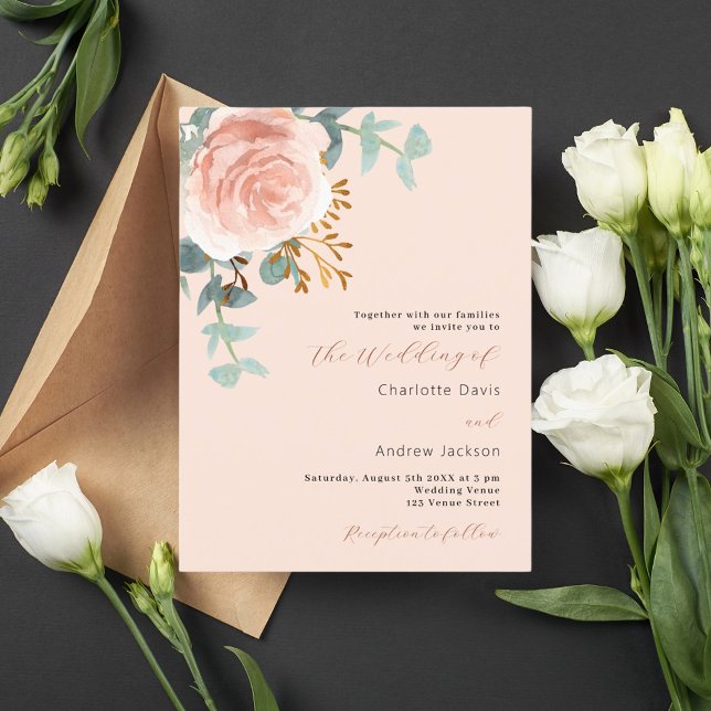 Rose gold florals greenery peach wedding invitation postcard (Creator Uploaded)