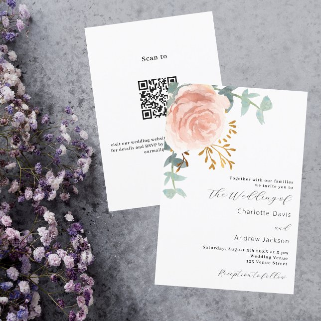 Rose gold florals greenery QR code RSVP wedding Invitation (Creator Uploaded)