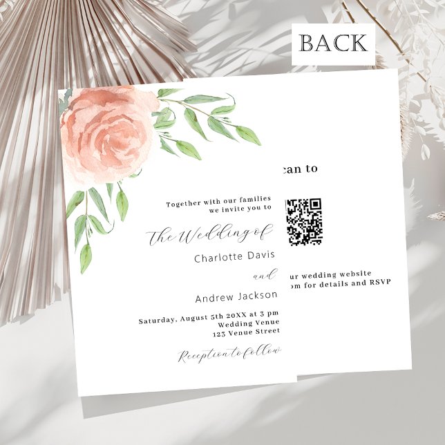Rose gold florals greenery QR code RSVP wedding Invitation (Creator Uploaded)