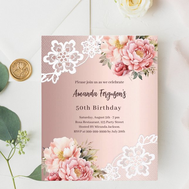 Rose gold florals lace 50th birthday invitation (Creator Uploaded)