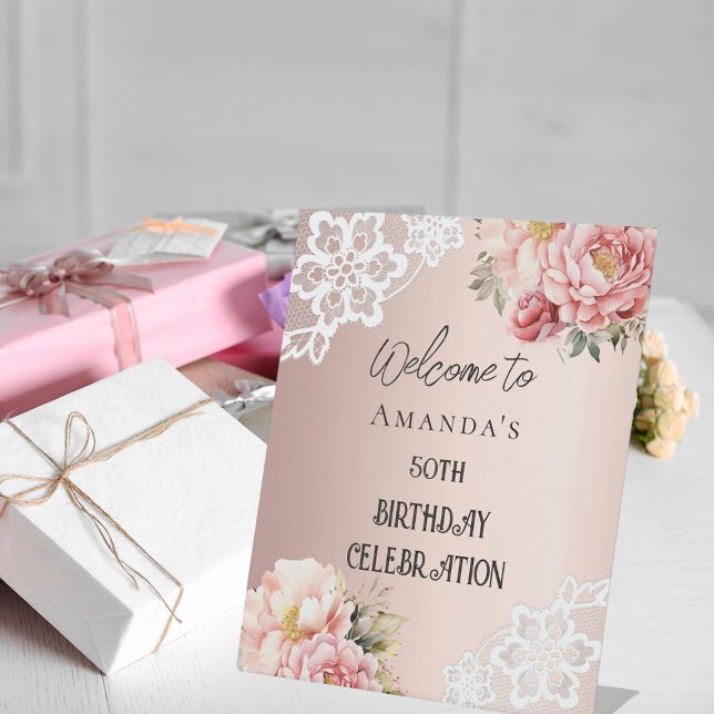 Rose gold florals lace birthday welcome sign (Creator Uploaded)