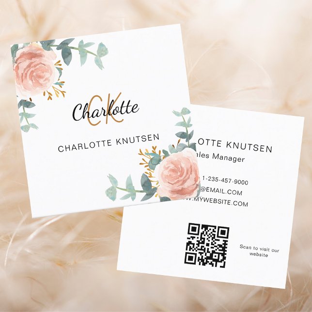 Rose gold florals monogram Qr code Square Business Card (Creator Uploaded)